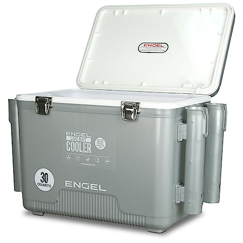 ENGEL Live Bait Cooler PRO for Fishing - Portable Minnow and Bait Bucket with Lithium-Ion Rechargeable Aerator - color: Silver, size: 30 Quarts