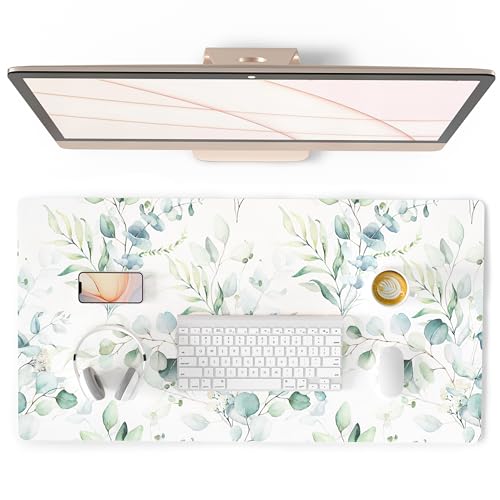QiyI PU Leather Large Mouse Pad, Office Decor, 31.5" x 15.7", Green Leaves | Desk Décor Accessories, Extended Size, Waterproof & Easy to Clean, Smooth Surface, Non Slip Desk Organization - color: Eucalyptus Leaves, size: 31.5" x 15.7"