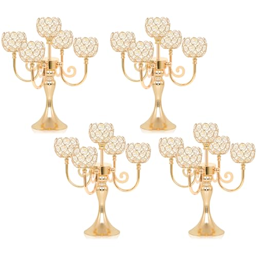 5 Arm Metal Crystal Candelabra Centerpiece - 13.4 Inch Elegant Candle Holder with Crystal Beads for Wedding Party Christmas Home Dining Table Decoration (4, Gold) - color: Style-a-gold