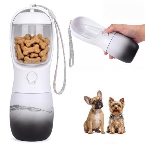 Dog Water Bottle Puppy Essentials, Portable Filtered Dispenser with Travel Dog Food Storage Container, Pet Supplies Gifts Stocking Stuffer Treat Pouches for Pet Training Outdoor Walking Hiking Camping - color: White & Black, size: 10 oz