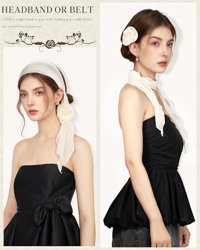 Chiffon Scarf for Women, Removable Flower Neck Scarf Light Soft Fashion Rose Scarves Versatile Headband or Hair Band - color: Cream