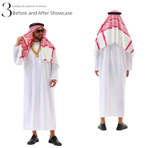 Men's Arab Costume Middle East Muslim Robe Adult Dubai Halloween Costume with Decoration Set - size: X-Large
