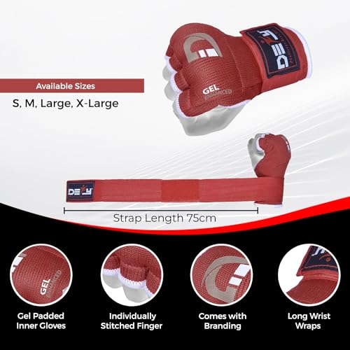DEFY Padded Inner Gloves Quick 75cm Long Strap – Inner Boxing Gloves Gel Padded Knuckle Protection – Elasticated Boxing Hand Wraps for MMA Muay Thai Kickboxing Martial Arts Pair - color: Red, size: Large