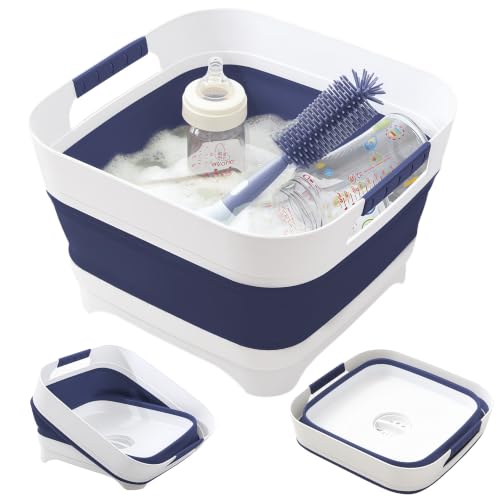 Collapsible Wash Basin for Baby Bottles - 2.4 Gallons Portable Wash Bin for RV Camping Sink, Space-Saving Dish Tub.Laundry & Utility Room Sinks (Navy blue) - color: Navy Blue