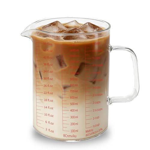 BCnmviku Glass Measuring Cup 6CUPS/1500ML/50OZ High Borosilicate [Insulated Handle | V-Shaped Spout]For Prepping Baking and Cooking Preheated Oven Dishwasher Freezer and Microwave Safe - size: 1500ML