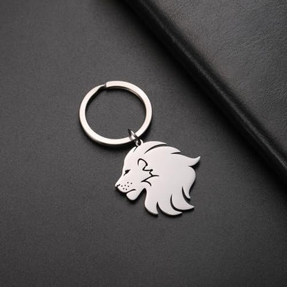 Dreamtimes Lion With King Crown Keychain for Men Stainless Steel Lion Punk Rock Keychain Bag Car Key Pendant Keychain - color: Silver-2