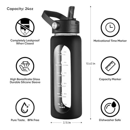 CIVAGO 24 oz Glass Water Bottle with Detachable Straw and Time Maker | Motivational Large Flask Cup with Handle, Leakproof Lids, Wide Mouth, Silicone Sleeve, Tumbler for Juice, Black - color: Black, size: 24 Ounces