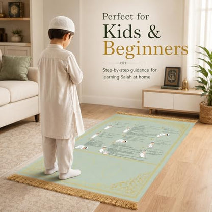 Muslim Prayer Rug: Complete Prayer Mat with Instructions, Takbir to Tasleem | Suede. Step-by-step muslim prayer rug with instructions. Home, travel, car, school. Great for beginners/kids/reverts. - color: Green