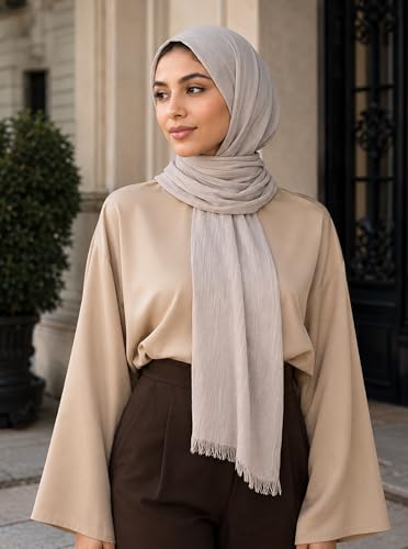 Cotton Linen Plain Hijab Scarf For Women,Muslim Viscose Crinkle Edge With Fringe,Summer Beach Wrap Headwraps Shawl - color: 56#lightgrey