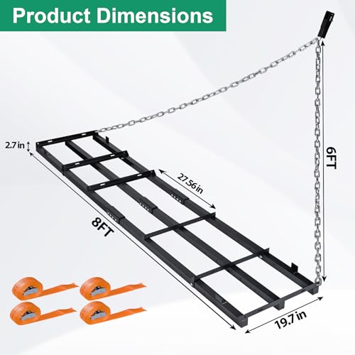 8 FT Drag Harrow Driveway Grader with 6 FT Chain | Tow Behind Lawn Rake for ATV, UTV, Tractor, Mower, Land Leveler for Gravel, Sand, Soil, Hay - size: 8 FT