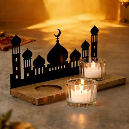 Wooden Ramadan Decorations for Home, Mosque Candle Holder with 2 Glass Tealight Votive Holders, Eid Mubarak Table Decor Centerpiece, Islamic Gifts for Ramadan Kareem, Muslim Home Decor