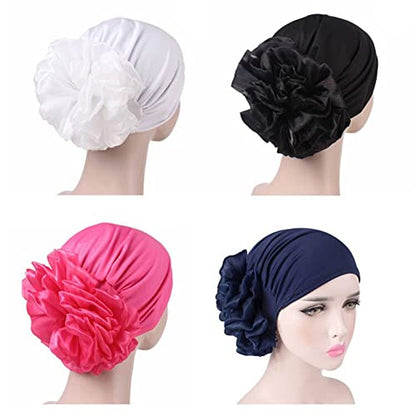 Women Flower Elastic Turban Beanie Head Scarf wrap Chemo Cap hat for Cancer Patient - color: Black White Navy Rose Red