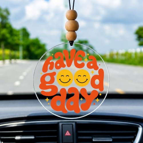 Talataca Have A Good Day 2D Flat Car Ornament & Wood Beads, Happy Smiley Face, Inspirational Quote Beaded Rear View Mirror Accessories, Rearview Hanging Charm, Christmas Tree Decor - color: 13