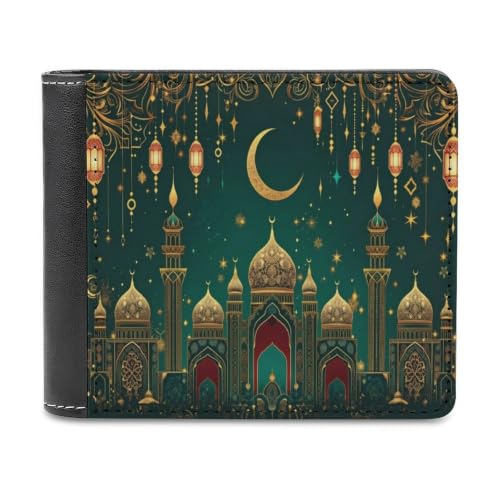 Green & Golden Islamic-Inspired Bifold Wallet 4.6x3.7 Inch,Slim Compact Folding Wallet with Card Slots And Cash Pocket Lightweight Wallet for Everyday Carry Travel Business - color: Green & Golden Islamic-Inspired