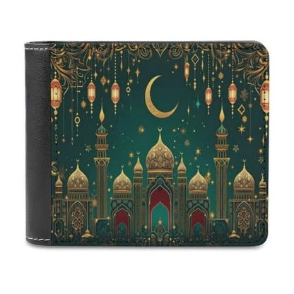Green & Golden Islamic-Inspired Bifold Wallet 4.6x3.7 Inch,Slim Compact Folding Wallet with Card Slots And Cash Pocket Lightweight Wallet for Everyday Carry Travel Business - color: Green & Golden Islamic-Inspired
