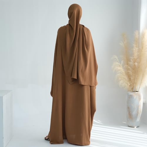ODIZLI Abayas For Women Muslim Dubai Full Cover Kaftan Shirt Dress Batwing Sleeve Prayer Dress With Hijab - color: Coffee + Hijab, size: Two