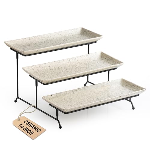 LAUCHUH 3 Tier Serving Trays for Party, Porcelain Tiered Serving Tray Stand - color: Speckled Glaze, size: 14 inch