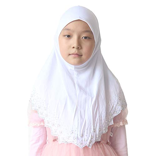 Girls Hijab with Rhinestones – Sparkly Non-Slip Amira Scarf for Kids, for Daily Prayer, School, Ramadan & Eid (Ages 4-12) - color: White