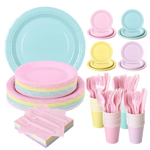 350 Pcs Pastel Disposable Plates and Napkins Tableware Set for 50 Guests - color: Pastel Color