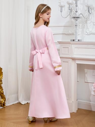 ABAO SISTER Girls Muslim Ramadan Abaya Kids Long Sleeve V Neck Prayer Dress Middle East Arabic Dubai Attire Kaftan Dress - color: Pink, size: 8