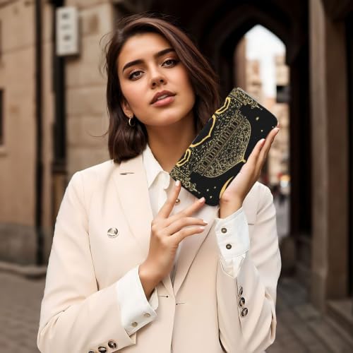 Islamic Mosque Golden Glitter PU Leather Long Wallet for Women Men, Zipper Clutch Wallet RFID Card Holder Organizer - color: Islamic Mosque Golden Glitter