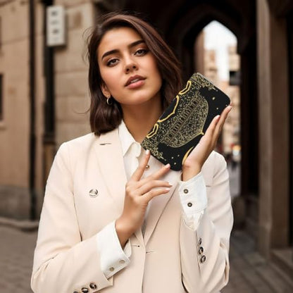 Islamic Mosque Golden Glitter PU Leather Long Wallet for Women Men, Zipper Clutch Wallet RFID Card Holder Organizer - color: Islamic Mosque Golden Glitter