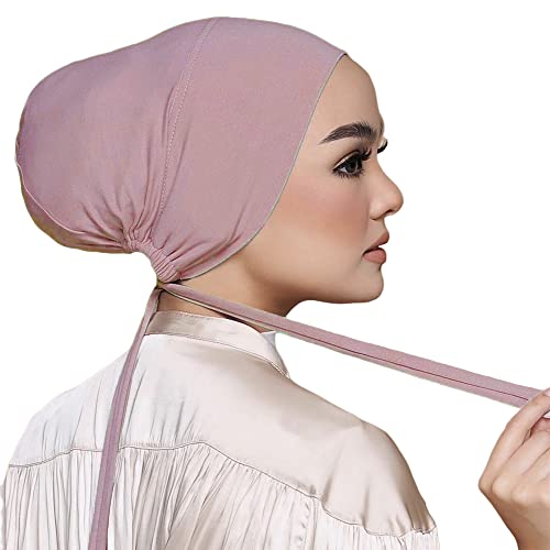 Women Under Scarf Hat Hijab Undercap Islamic Muslim Under Scarf Hijab Cap with Tie-Back Closure - color: White+pink