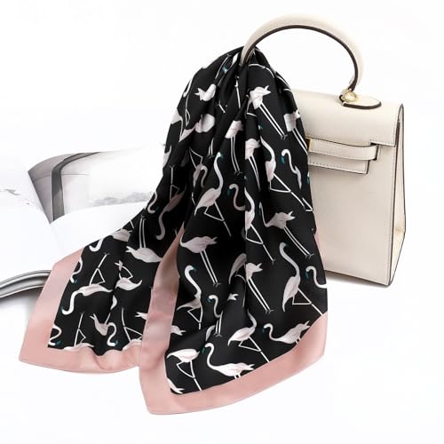 STARWHISPER 27" Square Head Scarf for Women Silk Feeling Satin Scarf Women Fashion Silk Scarf for Wrapping Hair - color: Red-crowned Crane4