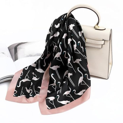 STARWHISPER 27" Square Head Scarf for Women Silk Feeling Satin Scarf Women Fashion Silk Scarf for Wrapping Hair - color: Red-crowned Crane4