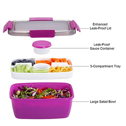 Caperci Large Salad Container Bowl for Lunch - Better Adult Bento Lunch Box 68 oz, 5-Compartment Tray, 2pcs 3-oz Sauce Cups, Stackable, BPA-Free (Purple) - color: Purple