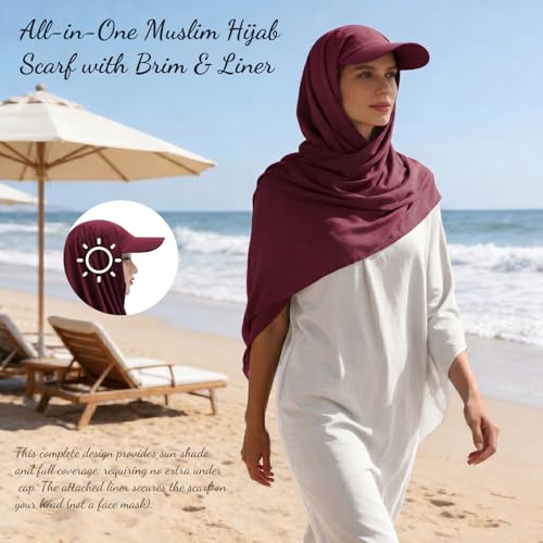 ZLYC Women Muslim Hijab Scarf with Visor Built-in Undercap Sun Protection Headwrap - color: Solid Red