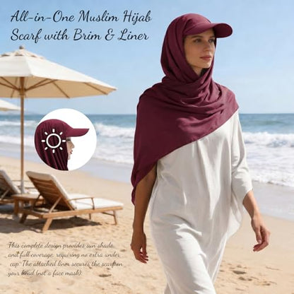 ZLYC Women Muslim Hijab Scarf with Visor Built-in Undercap Sun Protection Headwrap - color: Solid Red