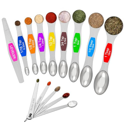 Wildone Stainless Steel Magnetic Measuring Spoons with Strong Magnets, 14pc | Including 8 Double Sided Magnetic Measuring Spoons, Leveler and 5 Mini Spoons for Spice Jar and Liquid Measuring, Multicolor - color: Multicolor