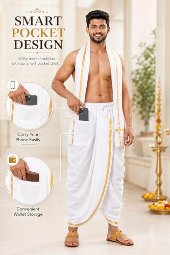Chandrakala Readymade Pocket Dhoti and Angavastram with Golden Border for Men's (MK116-P) - size: Large