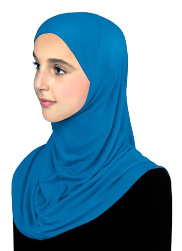 Cotton Hijab for Girls Amira Muslim Kids Head Scarf Ready to Wear Easy Instant - color: Medium - Ocean Blue, size: Large