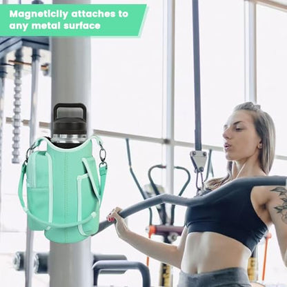 icolor Magnetic Gym Bag Water Bottle Carrier Holder with Phone Pockets & Shoulder Strap,Gym Magnetic Bag 5 Built-in Magnets Gym Accessories Organizer Sling Bottle Bag Pouch Sleeve - color: Green