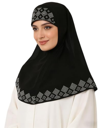 ZGMYC Women Shiny Rhinestones Muslim Hijab Elegant Long Turban Cap Head Wrap Scarf - color: Black