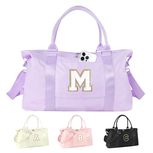 Dance Gym Duffel Bag for Teen Girls,Personalized Initial Travel Weekender Bag,Overnight Carry On Duffle for Women,Sports Travel Cheer Bag,Monogram Graduation Birthday Gifts for Tween Preppy(purple-M) - color: purple-chenille, style: M
