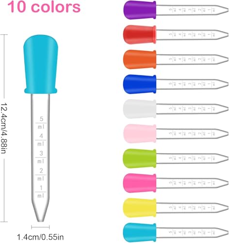 5ml Clear Eye Dropper Pipette Droppers 10 Pack | Multicolor Silicone Bulb Pipettes with Cleaning Brush for Liquid Transfer, Lab & DIY Craft Use - color: 10-multicolor