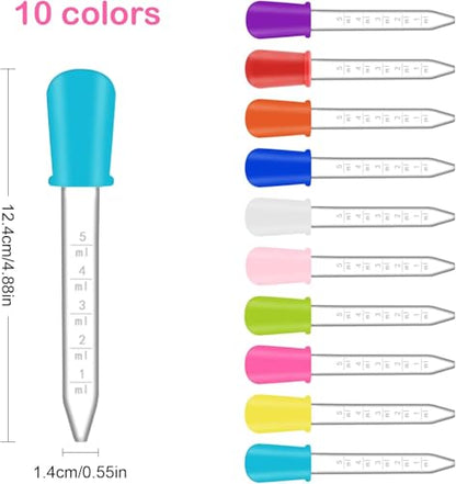5ml Clear Eye Dropper Pipette Droppers 10 Pack | Multicolor Silicone Bulb Pipettes with Cleaning Brush for Liquid Transfer, Lab & DIY Craft Use - color: 10-multicolor