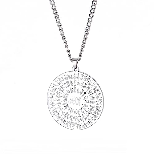 Ayatul Kursi Necklace Allah Necklace for Women Men Islamic Script Symbols Allah Arabic Round Pendant Necklace Middle East Allah Islam Religious Jewelry Muslim Gift - color: Allah 2 silver