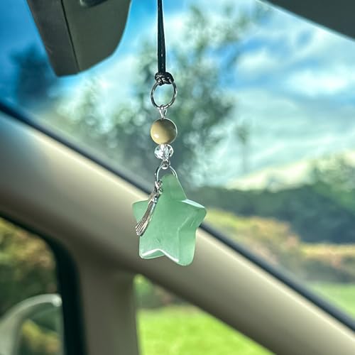 CASONA Green Crystal Star Car Rearview Mirror Hanging Charm,Boho Car Decor