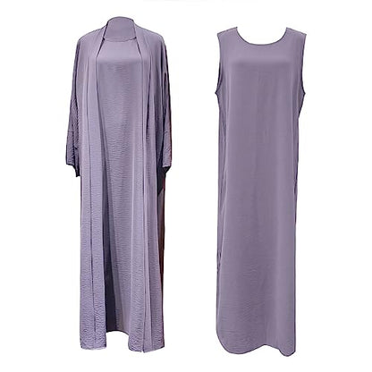 2PCS Women's Muslim Dresses Abaya Islamic Dubai Prayer Dress Robe Long Cardigan Maxi Dress - color: Purple, size: Large
