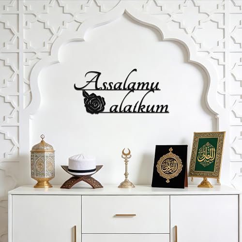 YATEASLU Assalamu Alaikum Sign, Islamic Calligraphy Art | Assalamu Alaikum calligraphy with rose; for living room, mosque; 7x15in; Eid, Ramadan, Muslim gift; Arabic