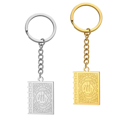 Islamic Keychain Double Sided Quran Book Muhammad Prophet Allah Keyring Arabic Muslim Jewelry Eid Ramadan Gift - color: Silver+gold