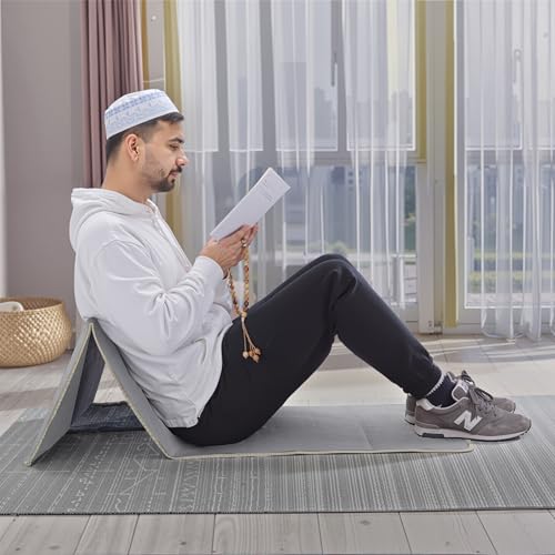 Foldable Muslim Prayer Mat with Back Rest Support, Thick Padded Islamic Prayer Rug, Travel Portable Carpet for Women Men, janamaz, Sajadah, Meditation Prayer Ramadan Eid Gift with Hat and 33 Beads - color: GREY