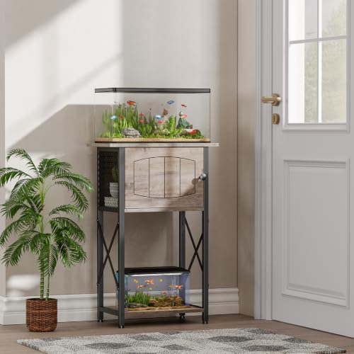 HOOBRO 10 Gallon Aquarium Stand, Fish Tank Stand with Cabinet Storage, Reptile Turtle Tank Stand with Metal Frame, 20.5" L x 11" W , 220 LBS Capacity, Greige BG28FT01 - color: Greige + Black