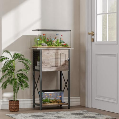 HOOBRO 10 Gallon Aquarium Stand, Fish Tank Stand with Cabinet Storage, Reptile Turtle Tank Stand with Metal Frame, 20.5" L x 11" W , 220 LBS Capacity, Greige BG28FT01 - color: Greige + Black