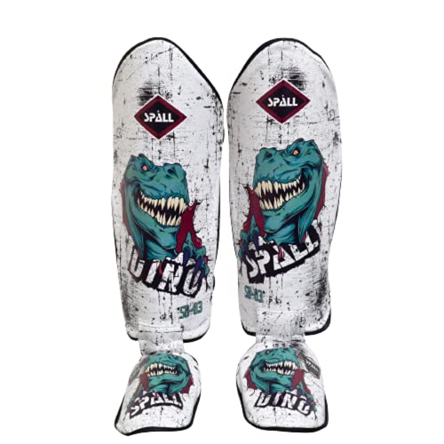 Spall Pro US Muay Thai Guards Shin Guards for Kickboxing Martial Arts BJJ Boxing Sparring with MMA Foot Protector Dino White