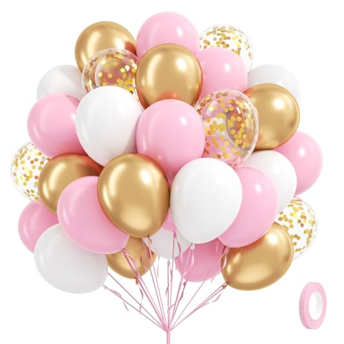60pcs Pink and Gold Balloons 12inch, Pink and White Balloon with Metallic Gold Confetti Balloons for Baby Shower Wedding Birthday Party Decorations - color: Pink White Gold